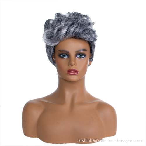 Wholesale heat resistant stort mix silvery with white color and overhead with curly  synthetic hair wigs for women